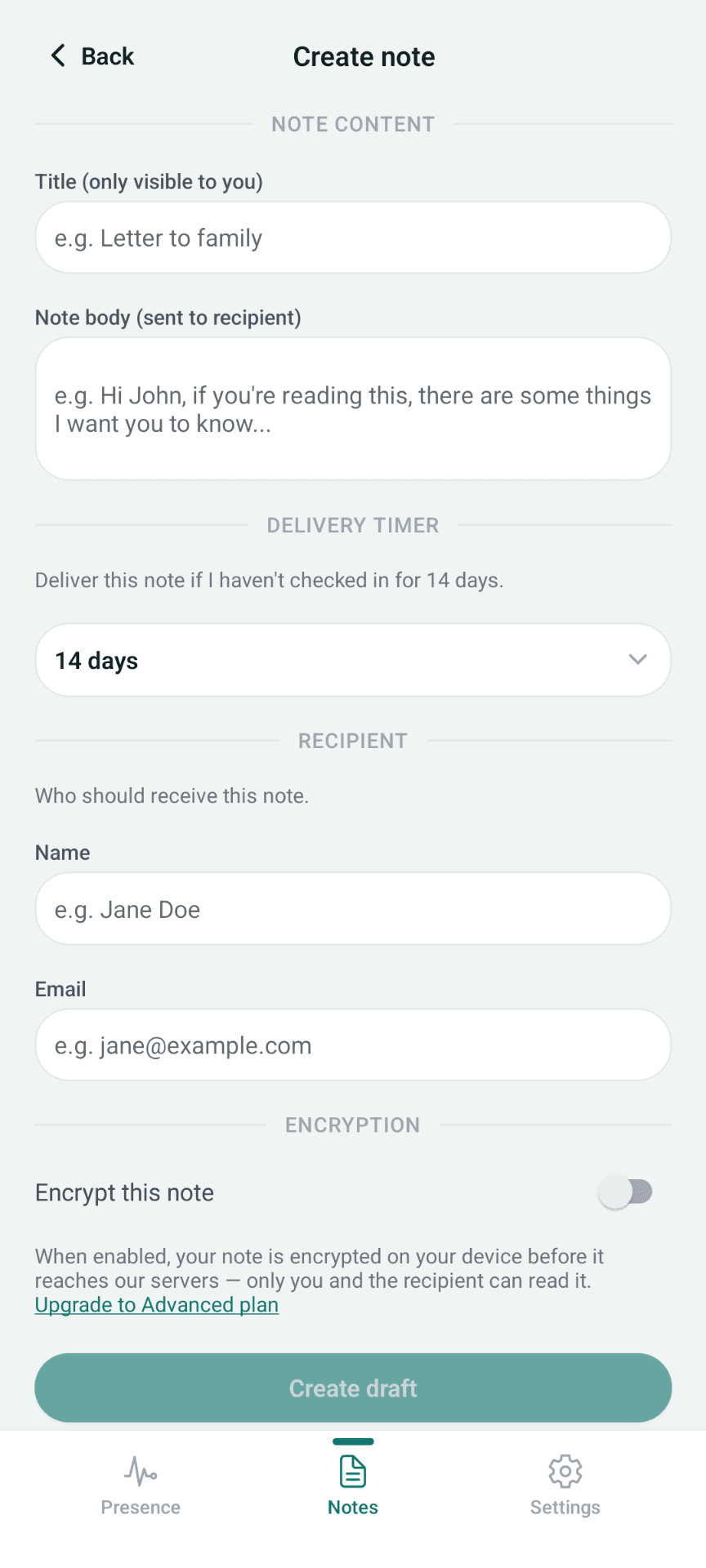 JustInCaseNote create note screen with the Encrypt this note toggle visible