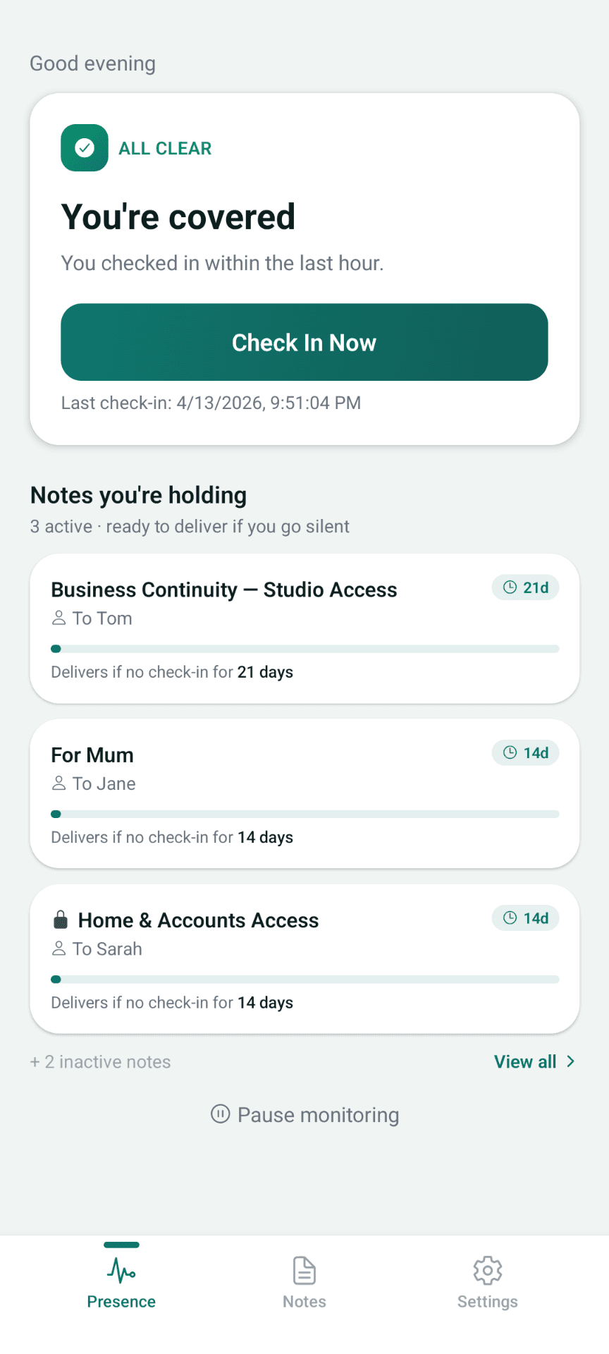 JustInCaseNote home screen showing 'You're covered' status and a Check In Now button