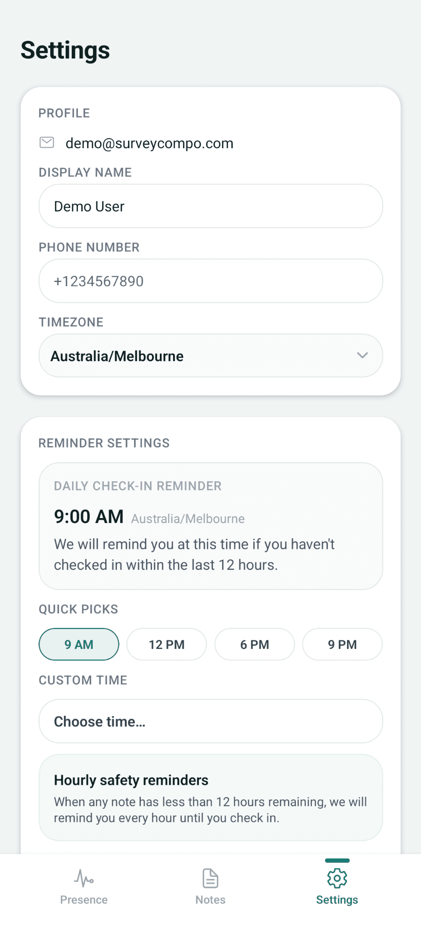 JustInCaseNote settings screen showing daily check-in reminder and hourly safety reminders
